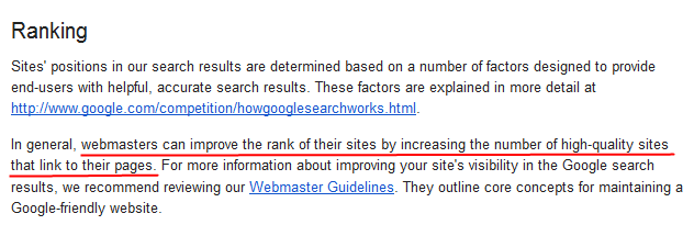 Google's Ranking-Info bei der Webmaster-Tool-Hilfe aus 2012
